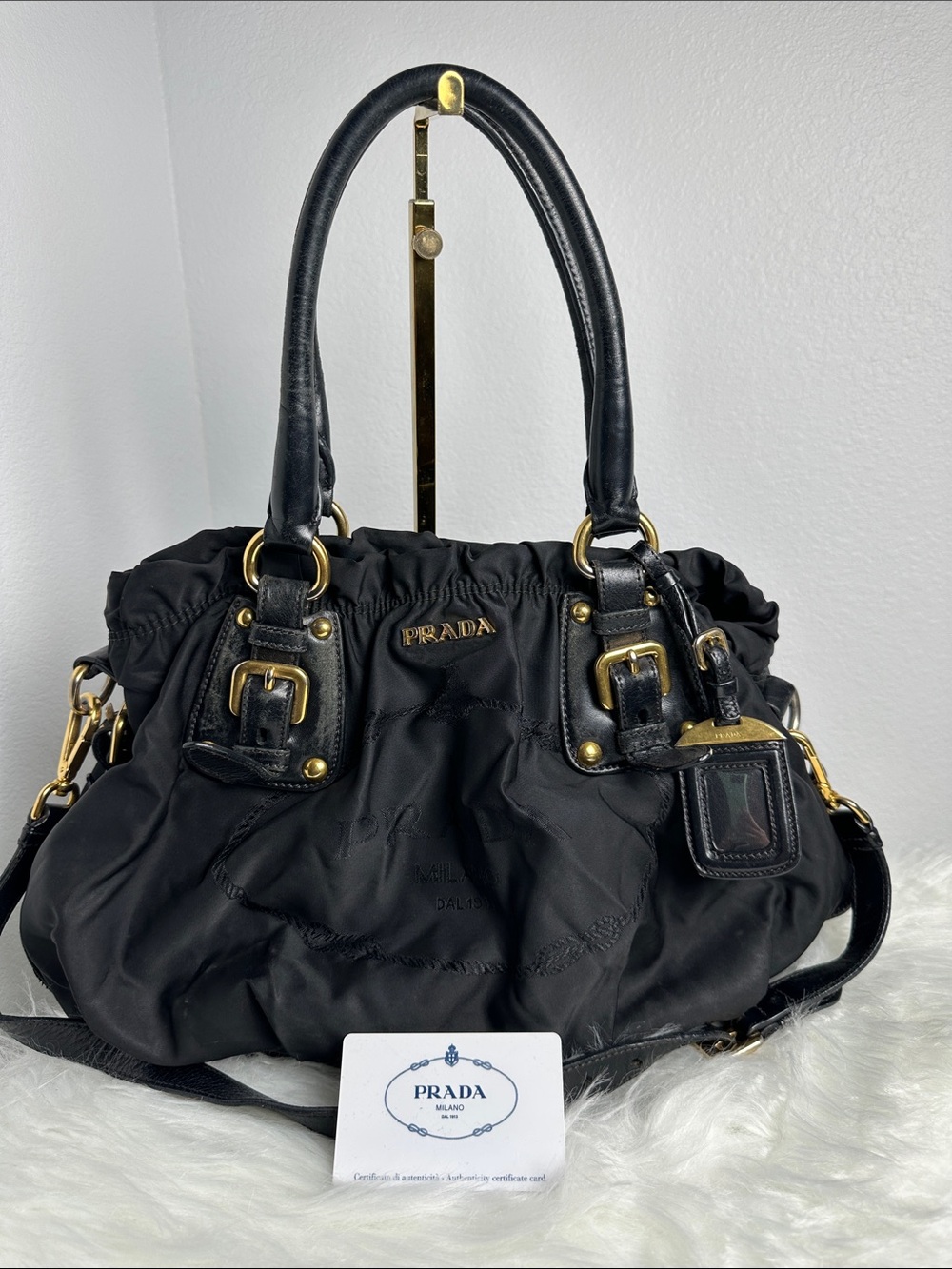 💯Authentic Prada Tessuto Nylon Gathered Satchel Shoulder Bag Black🍀